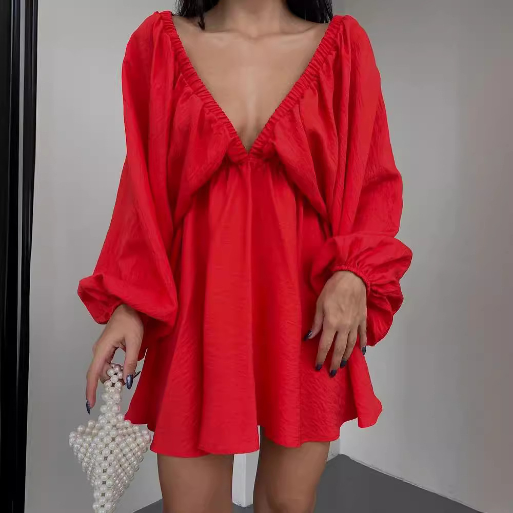 V-Neck Long Sleeve Bubble Sleeve Flared Dress