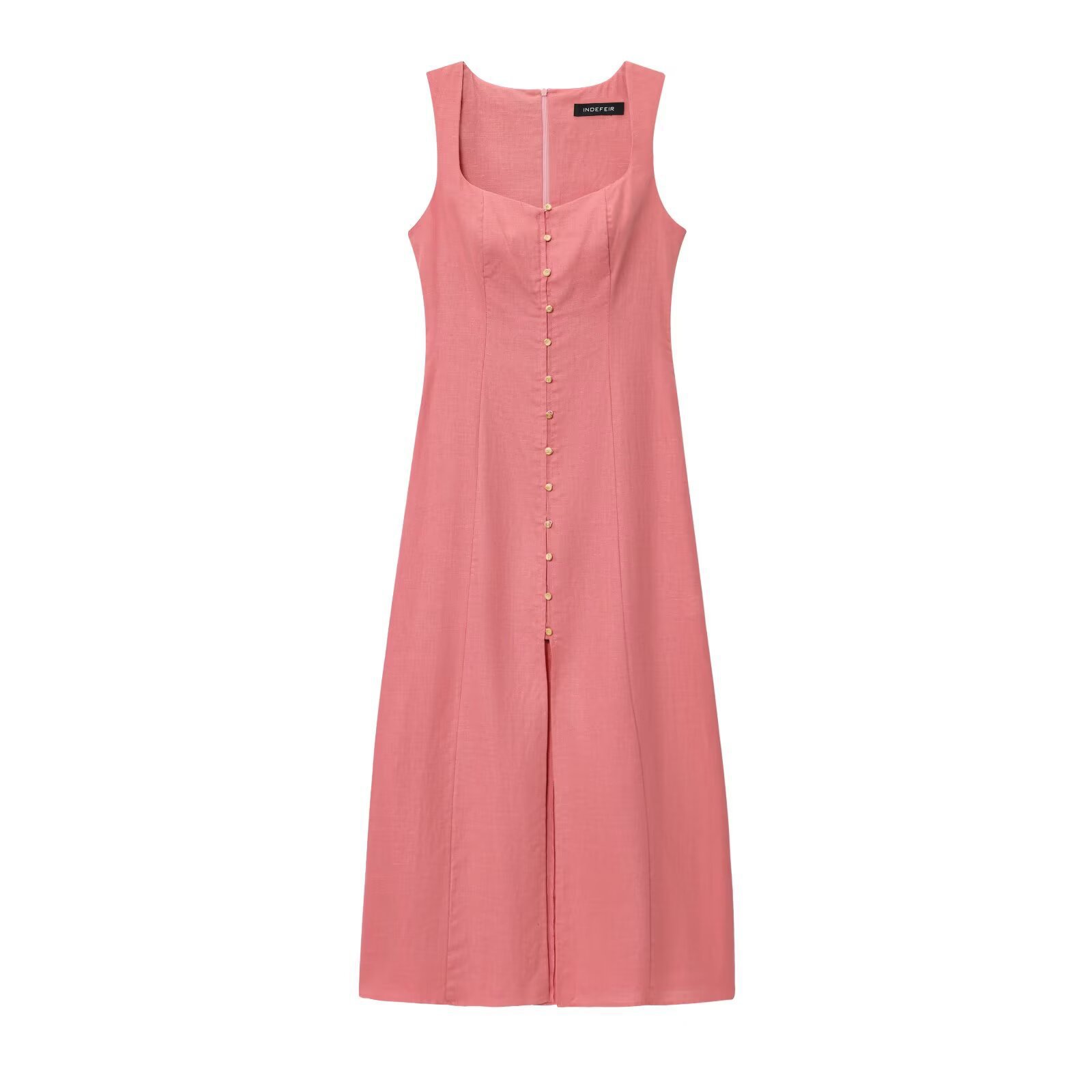 Women's Solid Midi A-Line Dress with Collar and Button Front