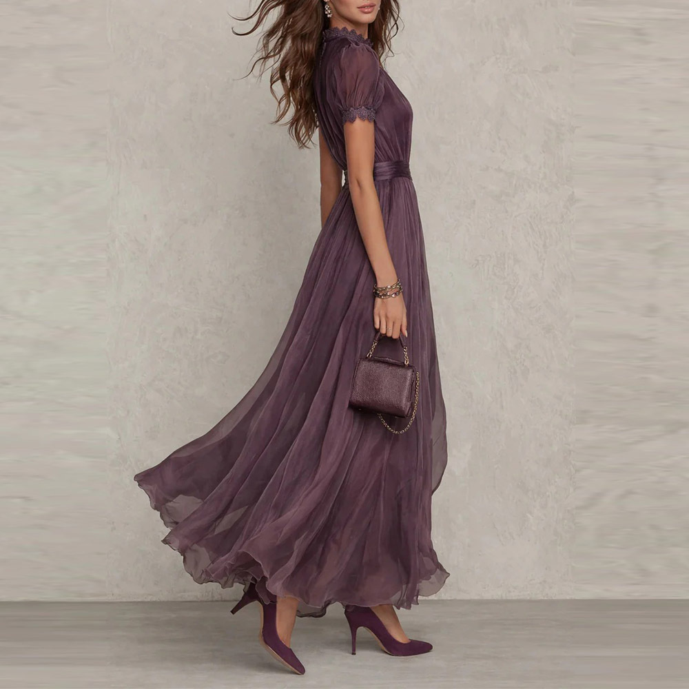 V-Neck Waist-Cinched Ruffle Flared Midi Dress