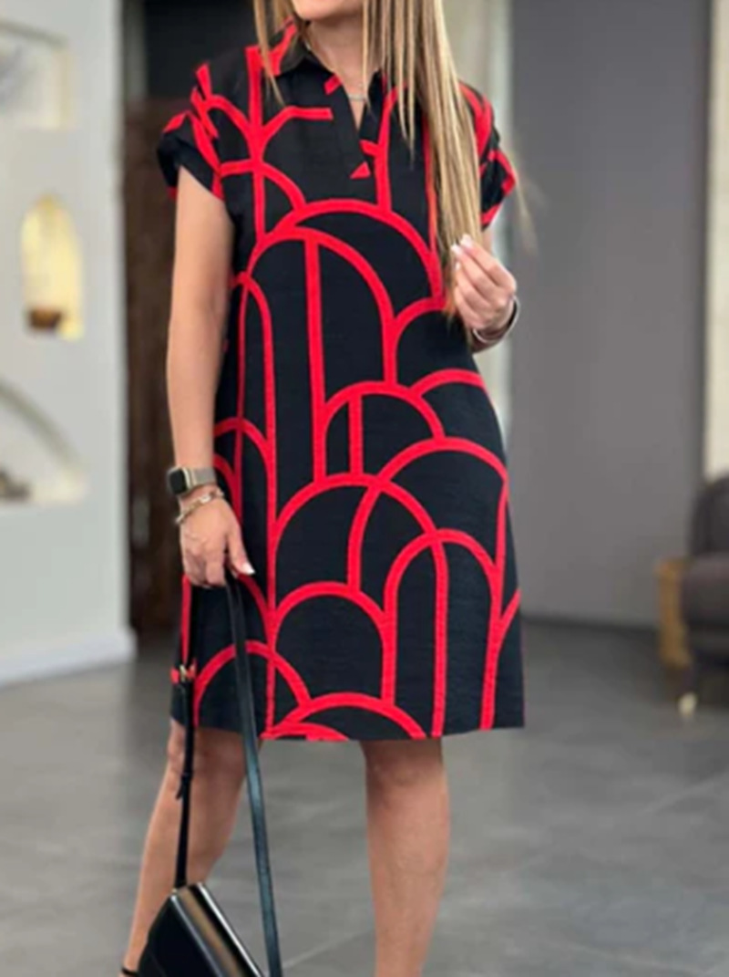 Women's Printed V-Neck Short Sleeve Dress with Pockets