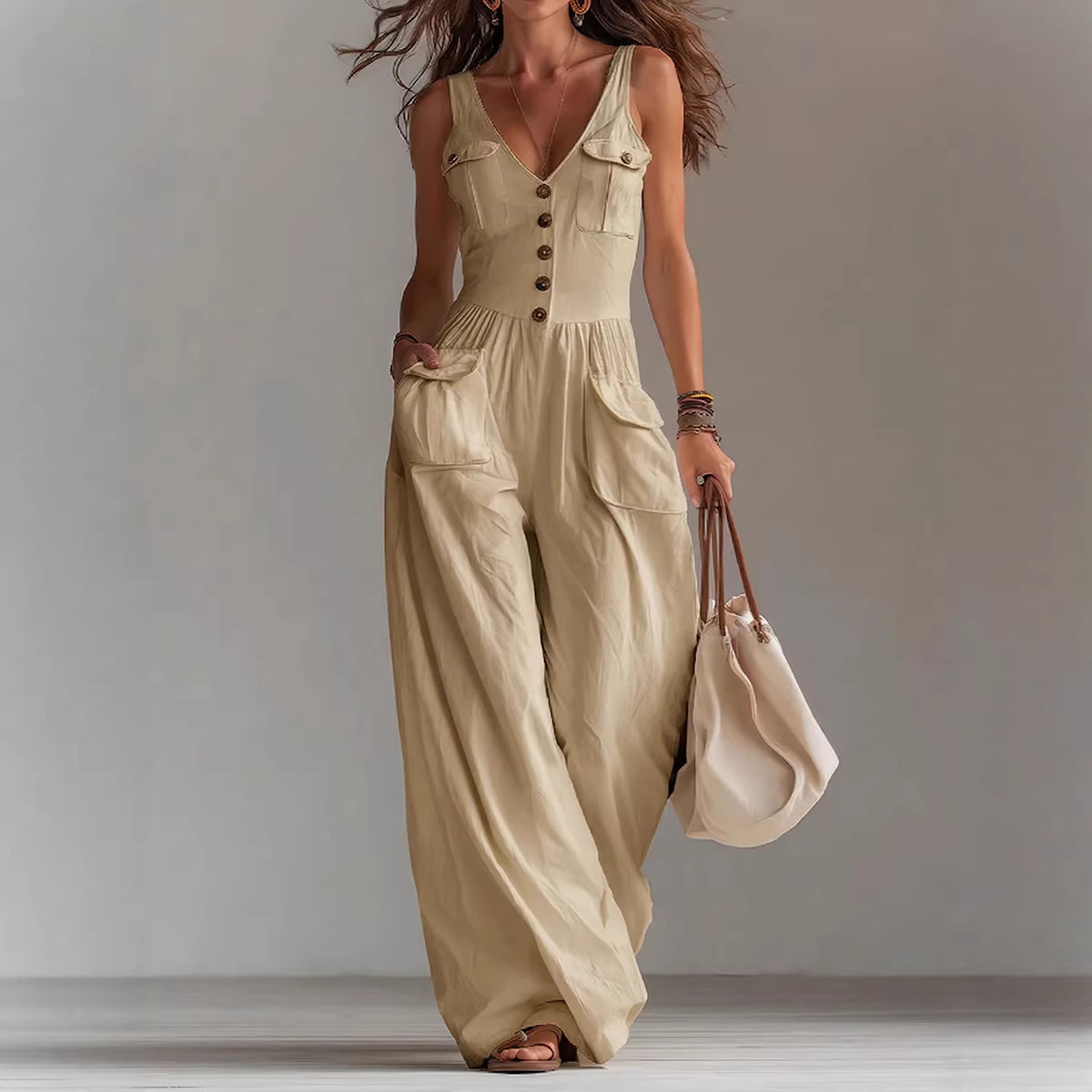 Women's Solid Color Button Pocket Loose Wide-Leg Overalls Jumpsuit