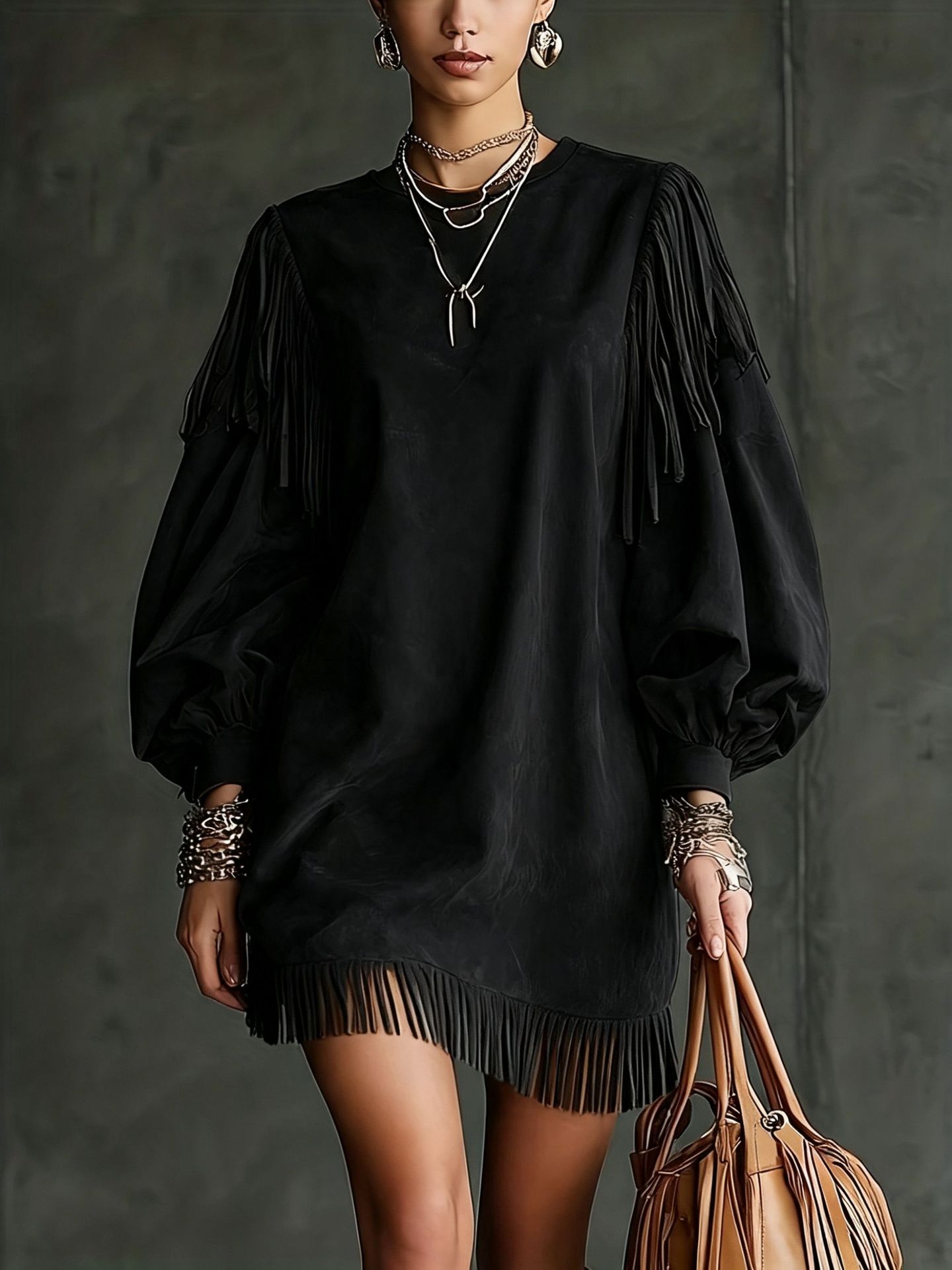 Women's Tassel Lantern Sleeve Short Dress - Loose Fit, Round Neck, Polyester Blend