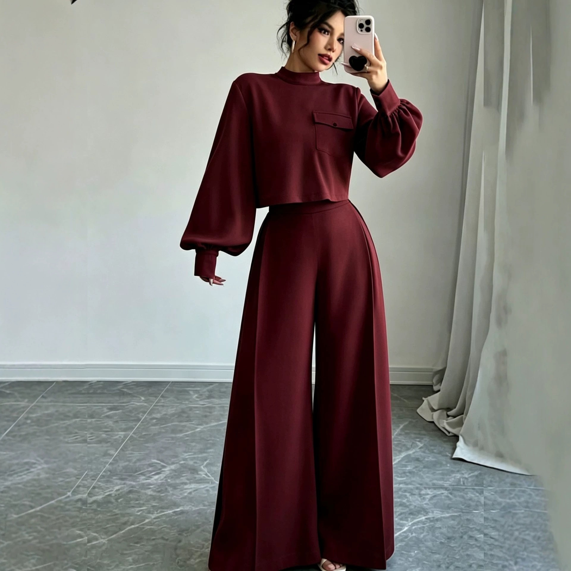 Women's Solid Color Wide-Leg Pants Set with Long-Sleeve Cropped Top