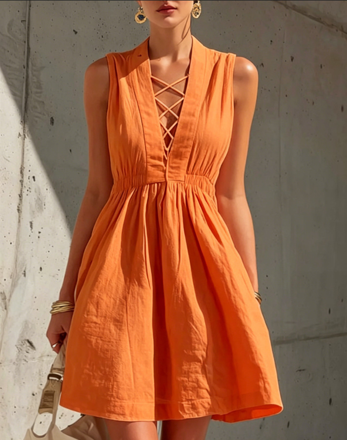 Women's Sleeveless V-Neck Solid A-Line Dress Casual Cotton-Blend