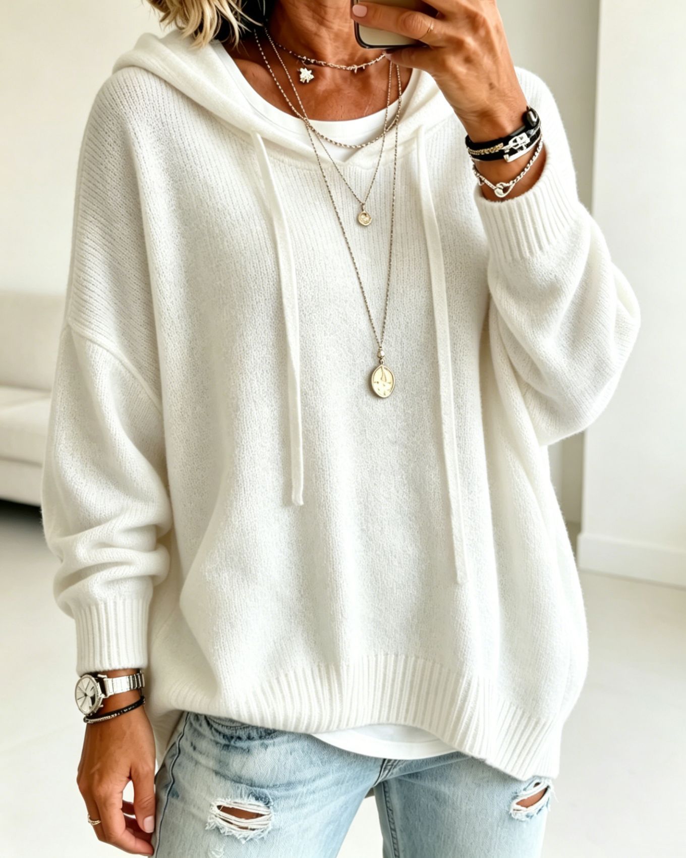 Women's Knit Hooded Drawstring Pullover Sweater Loose Long Sleeve