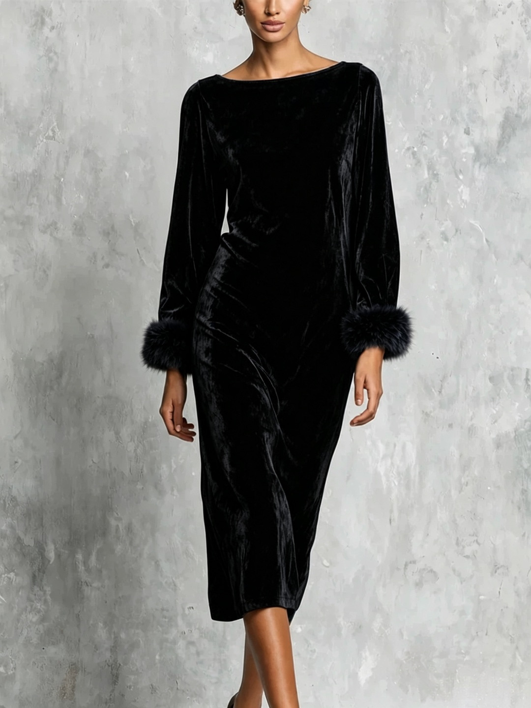 Women's Off-Shoulder Long Sleeve Faux Fur Cuff Long Dress