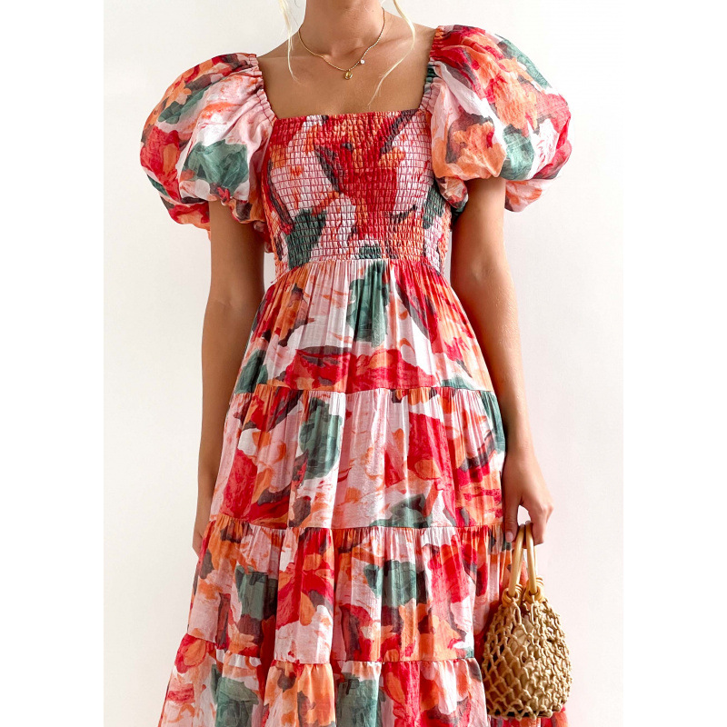 Square Neck Lantern Sleeve High Waist Off-Shoulder Loose Long Dress