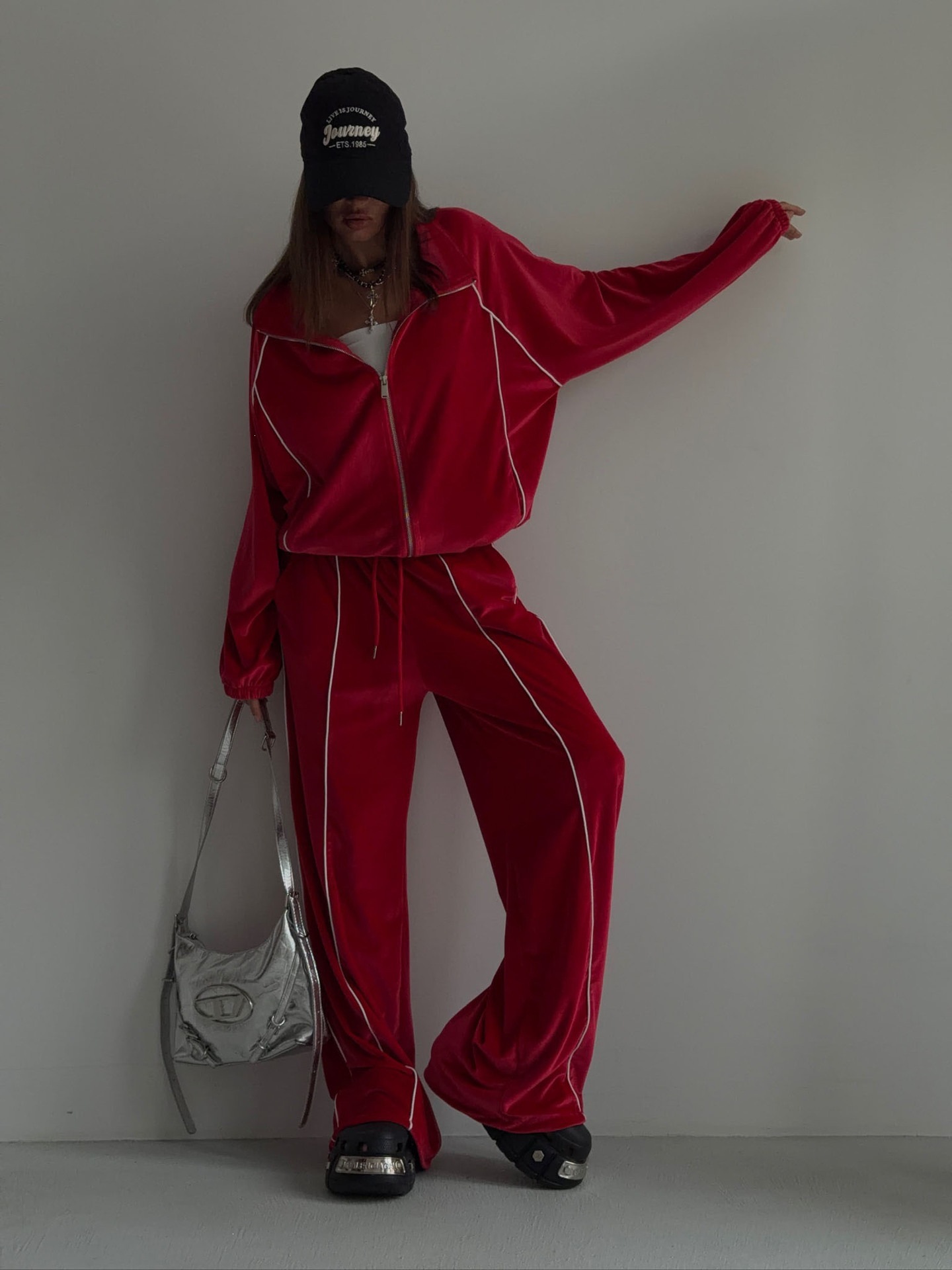 Red Velvet Zip Cardigan & Wide-Leg Pants Set
