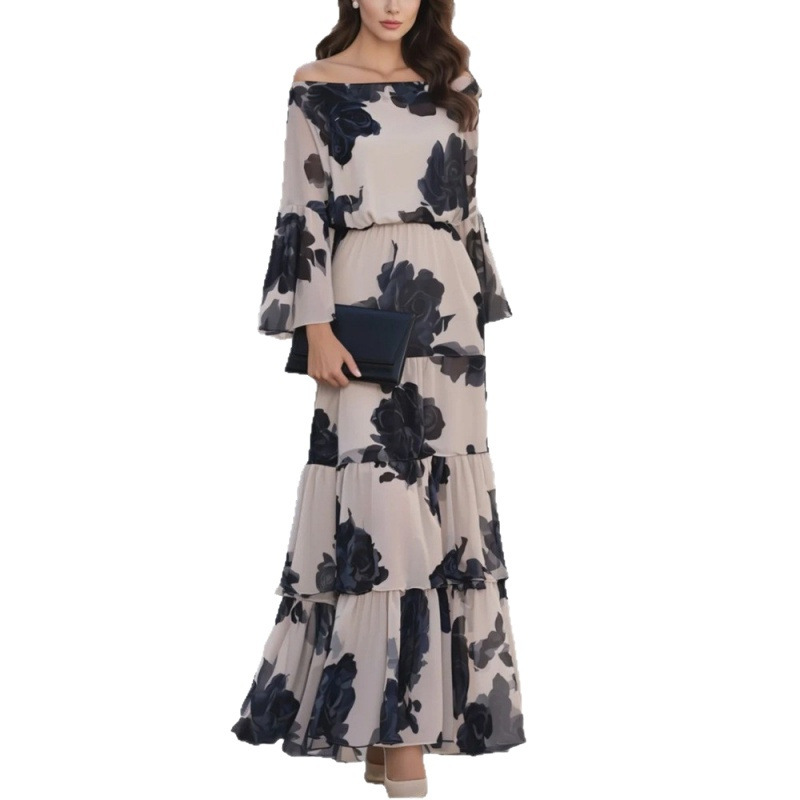 Women's Off-Shoulder Floral Print Patchwork Maxi Dress