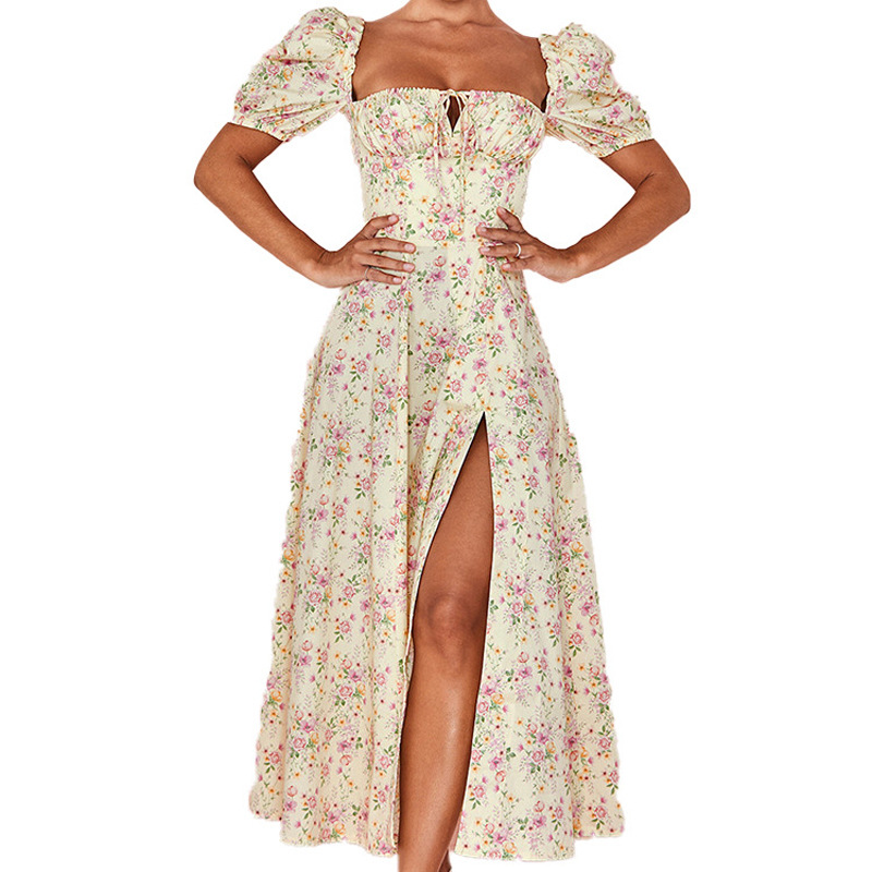 Women's Long French Floral Dress with Square Neck and Short Sleeves