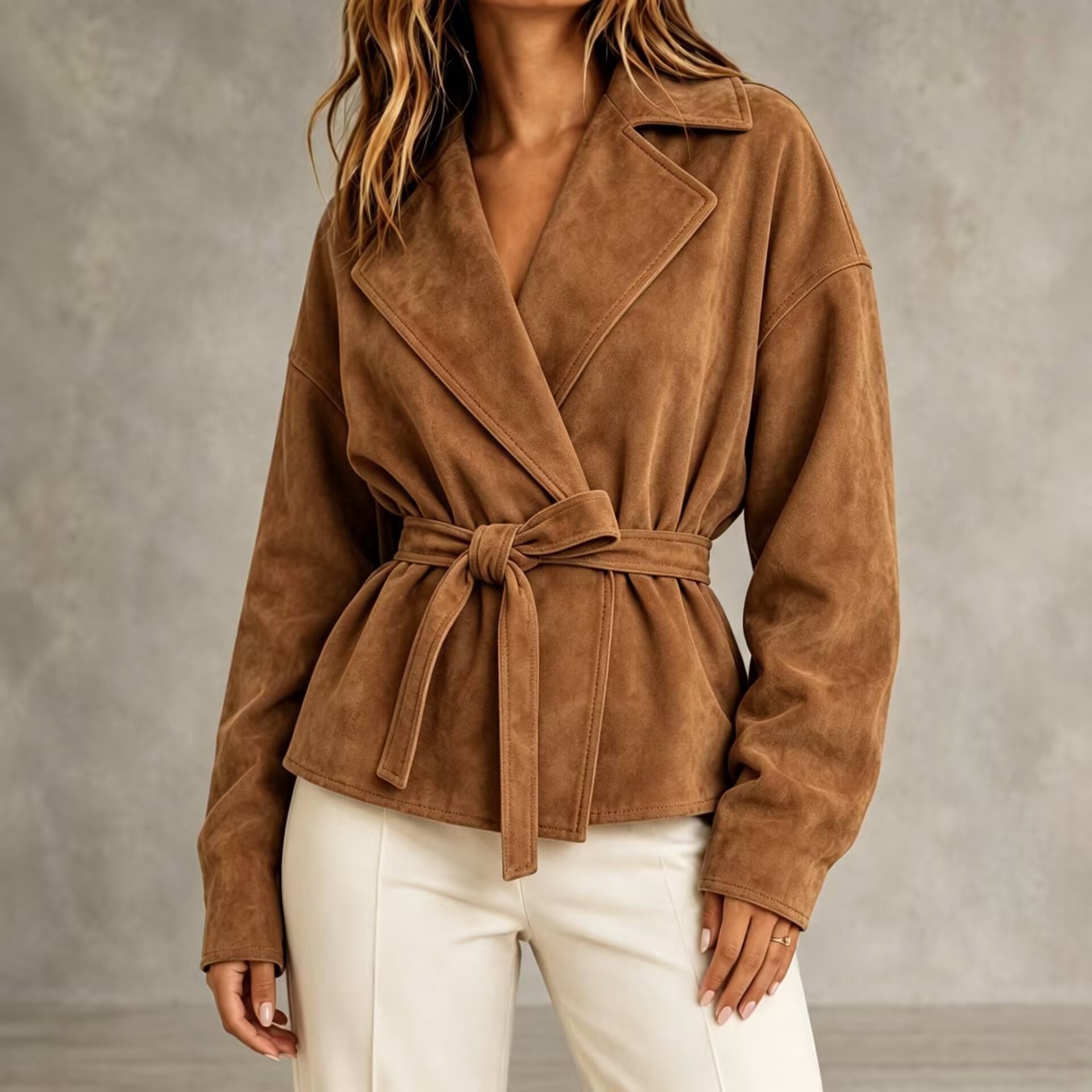 Faux Suede Belted Short Jacket with Lapel Collar