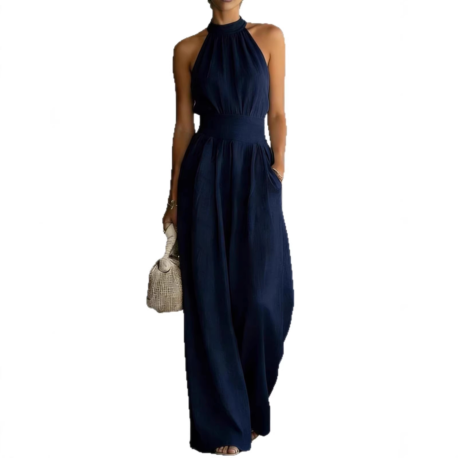 Sleeveless Halter Wide-Leg Jumpsuit with Cinched Waist