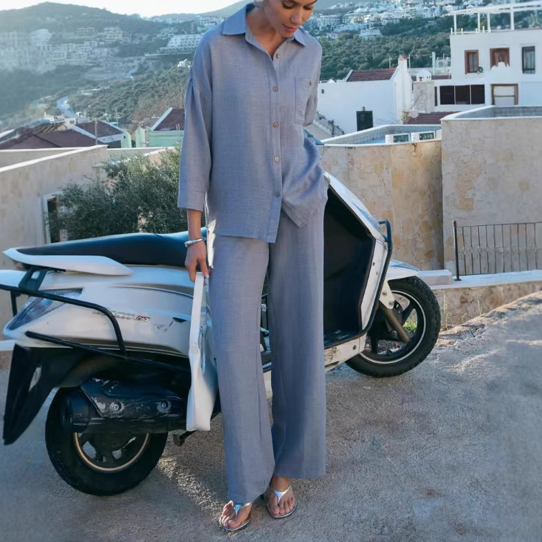 Women's Casual Two-Piece Shirt and Slim Pants Set