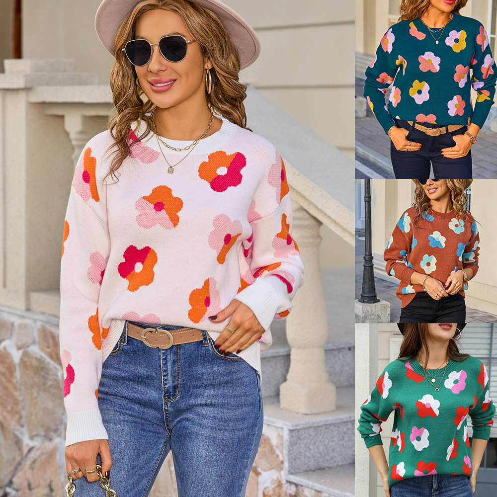 Plus Size Floral Colorblock Knit Sweater Long Sleeve Crew Neck Pullover
