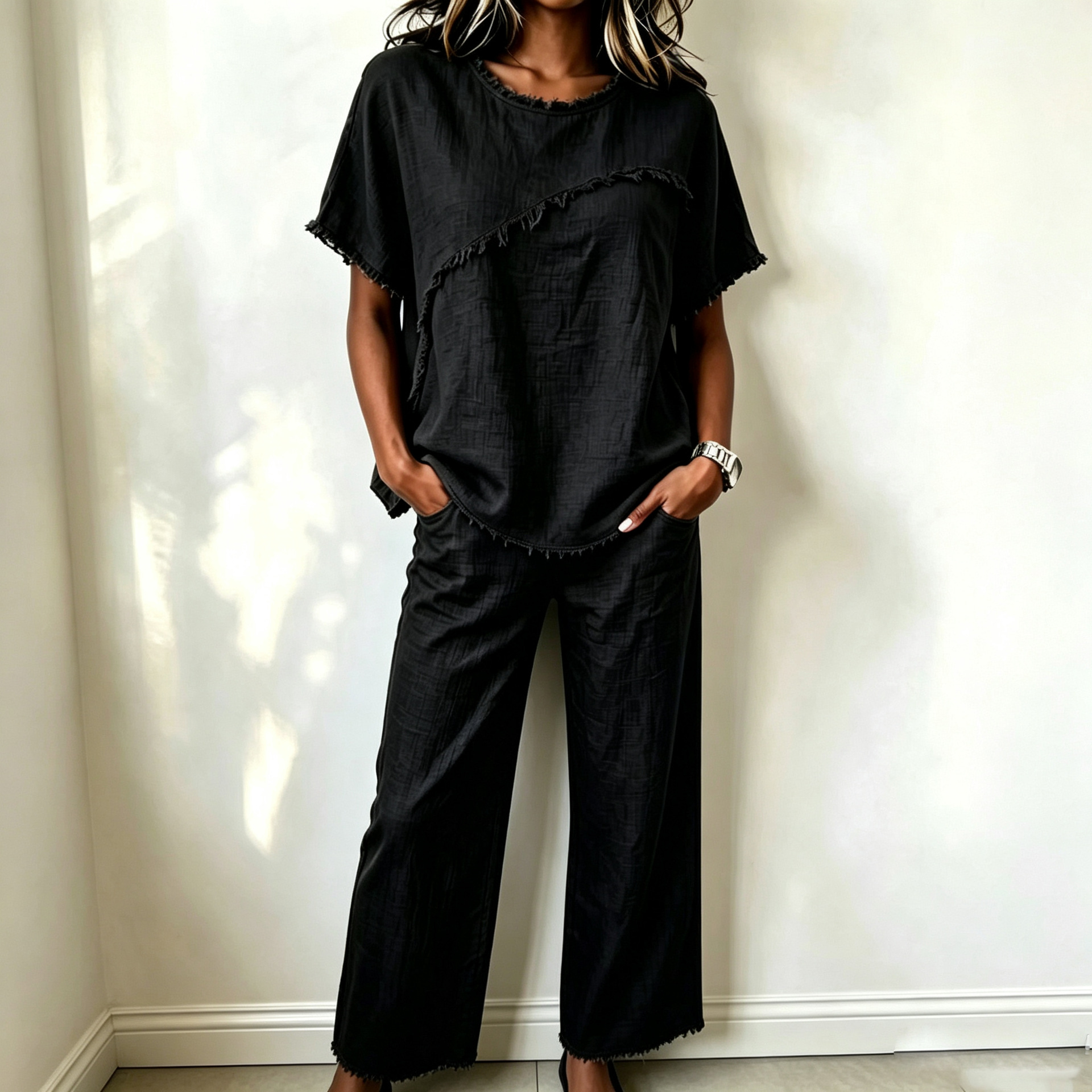 Women's Linen Two-Piece Set with Fringe Short Sleeve Top and Pants