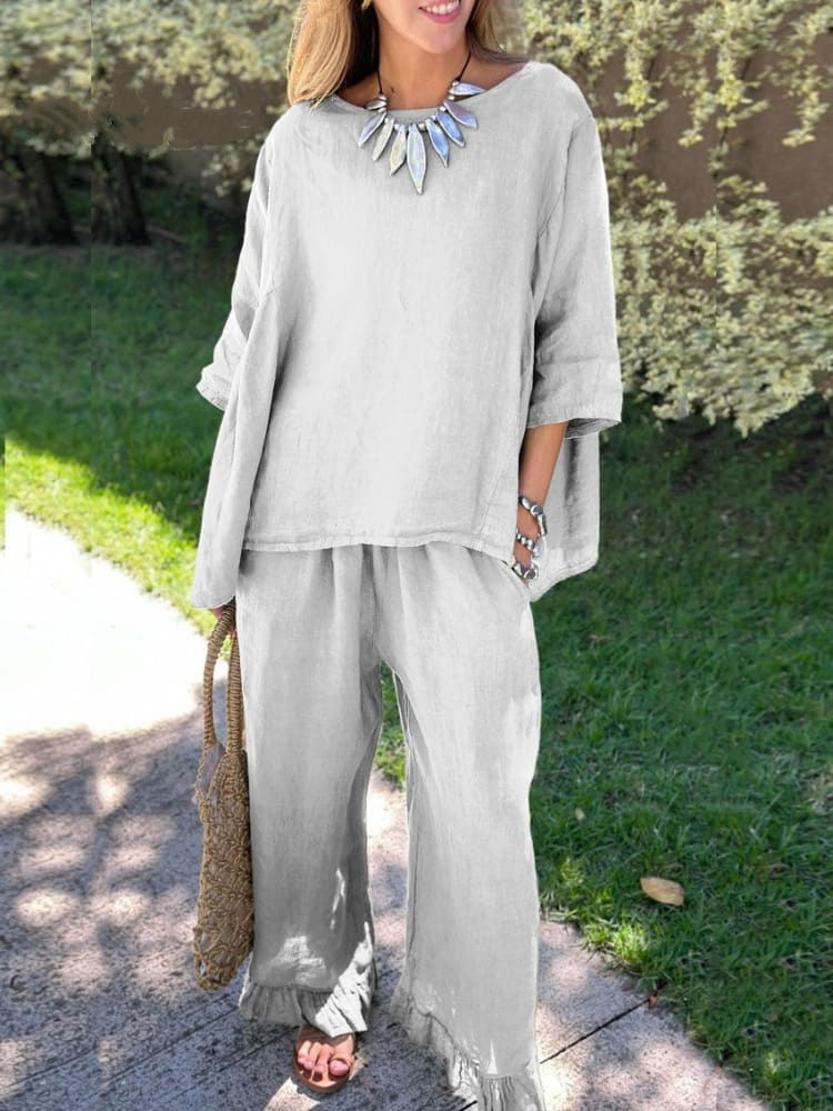 Women's Cotton-Linen Two-Piece Set Casual Solid Color Long Pants Outfit