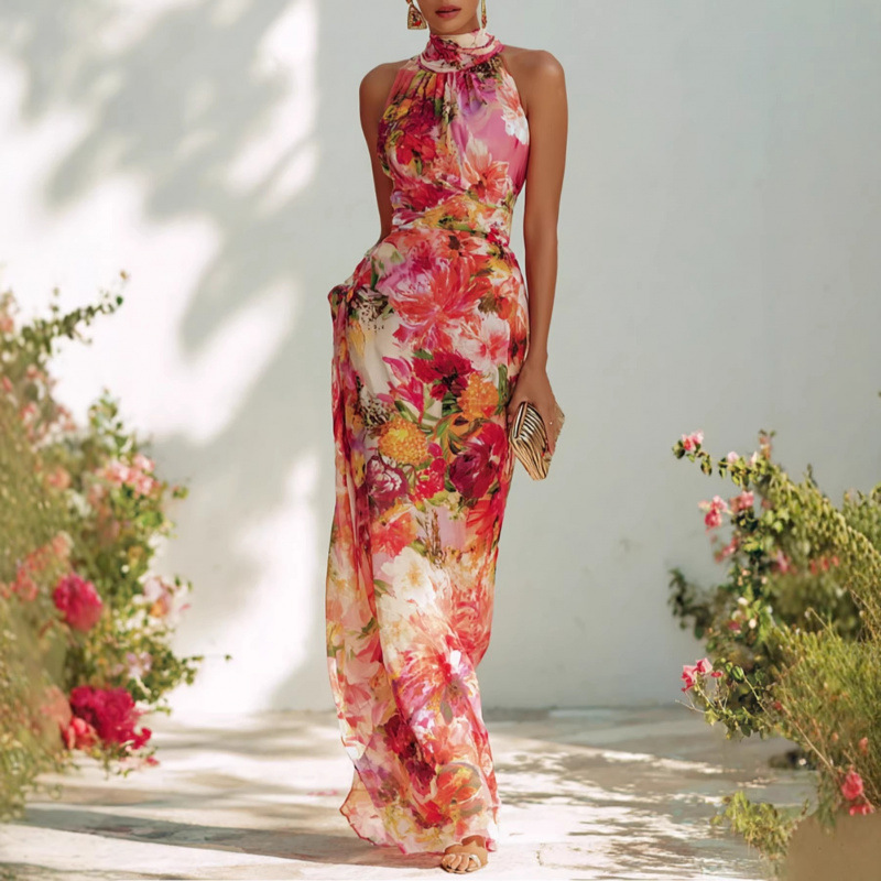 Floral Halter Sleeveless Bodycon Midi Dress