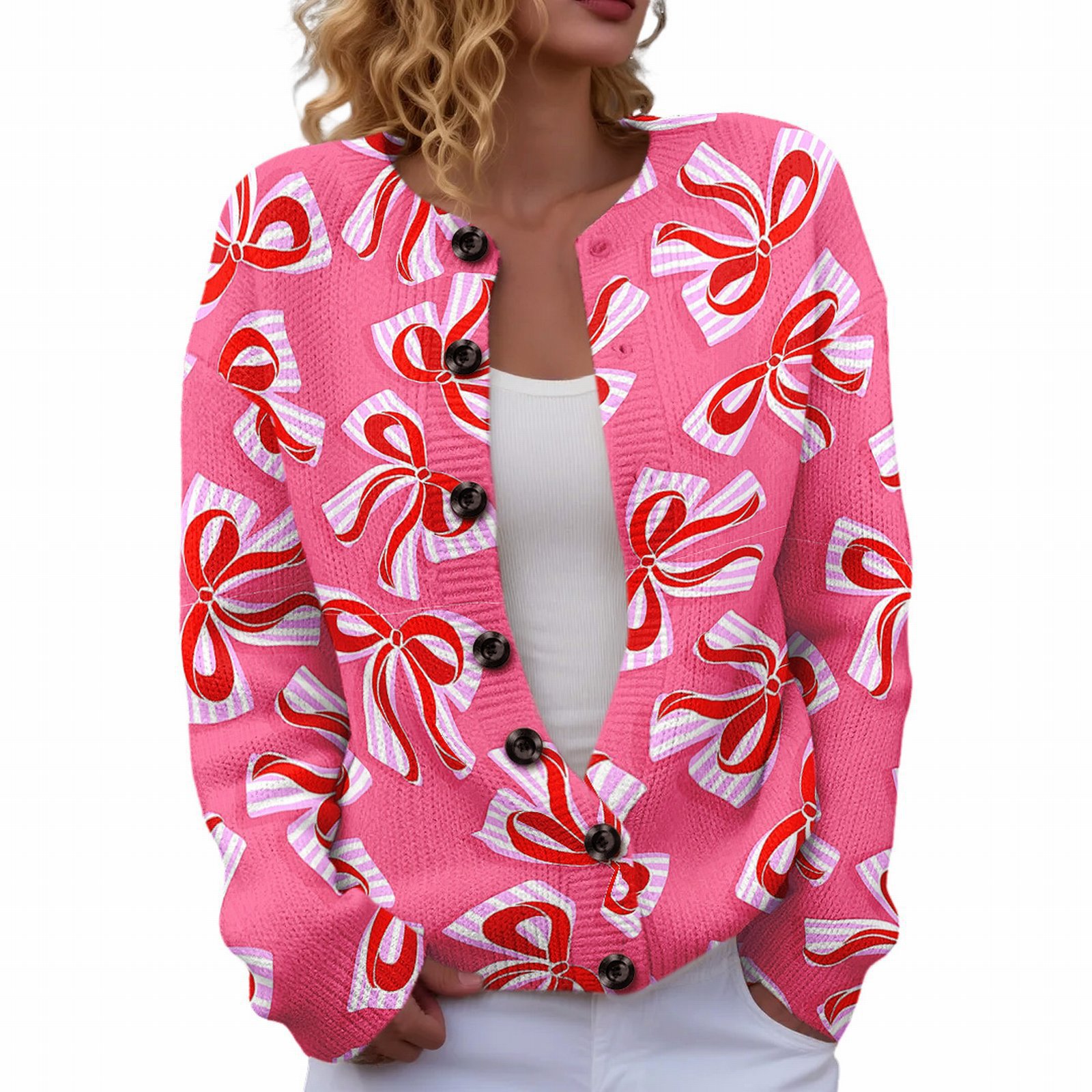 Women's Heart Ribbon Bow Cherry Print Cardigan