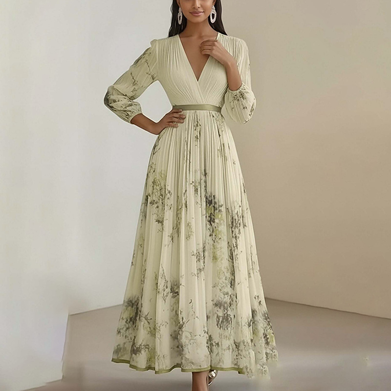 Elegant Floral Print V-Neck Waist-Cinching French Dress