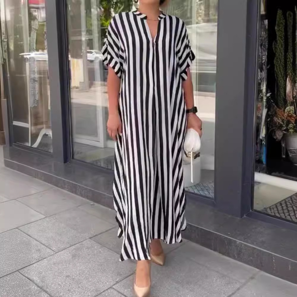 Striped V-Neck Short Sleeve Side Slit Loose Casual Dress