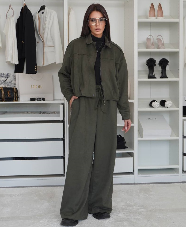Women's Faux Suede Open-Front Jacket and Pants Set