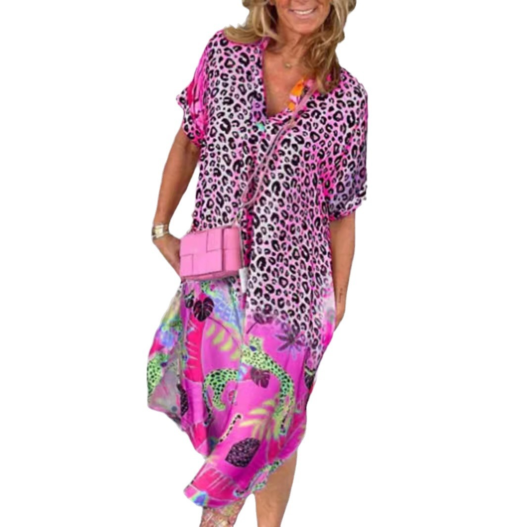 Leopard Print Half-Open Neck Short Sleeve Dress