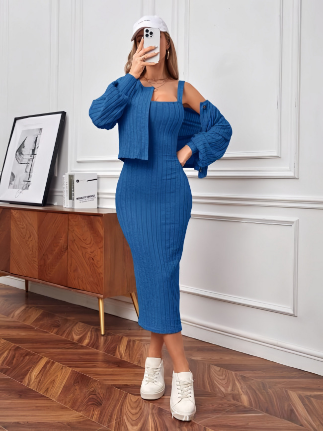 Women's Two-Piece Cardigan and Bodycon Dress Set