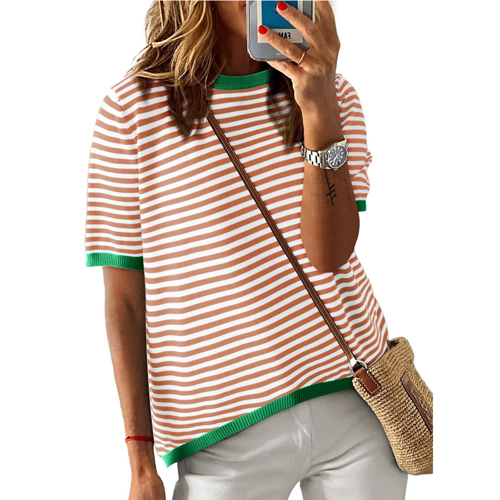 Women's Striped Color-Block Crewneck Short-Sleeve Casual Sweater
