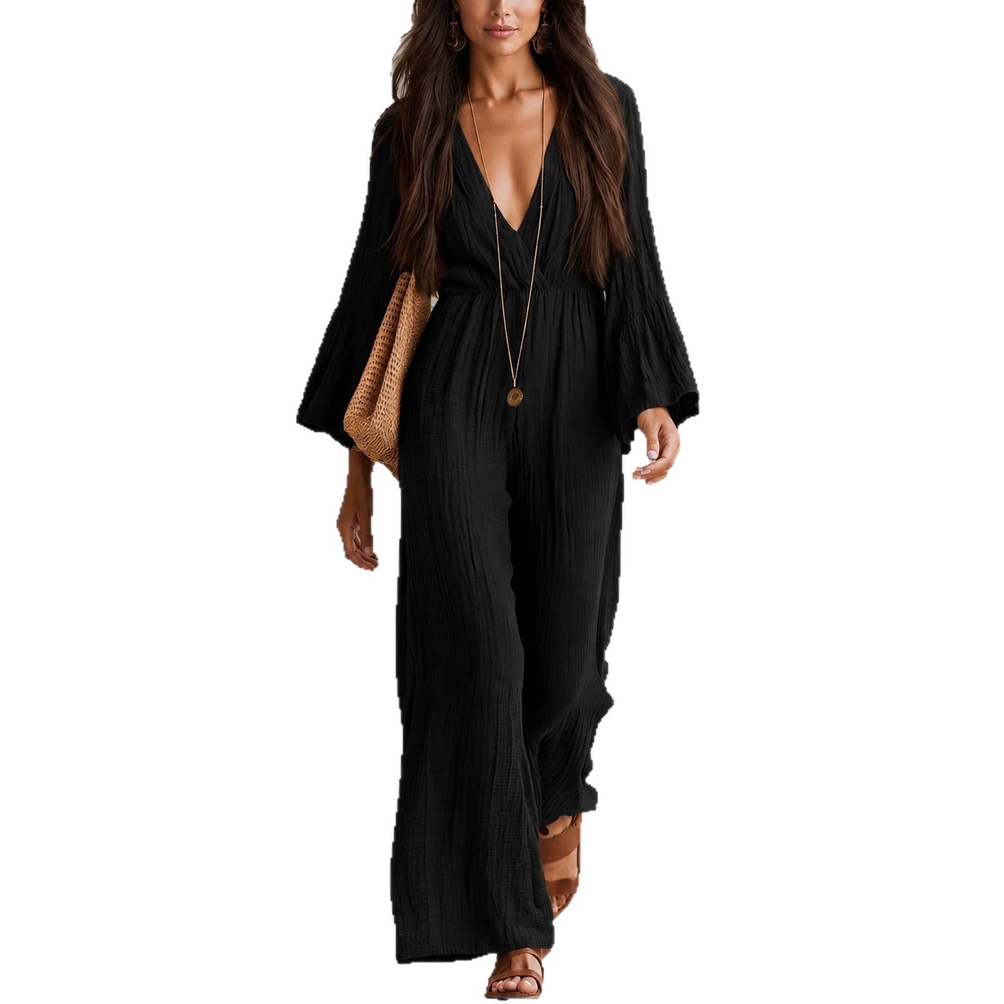 Women's Long Sleeve V-Neck Bohemian Jumpsuit with Elastic Waist