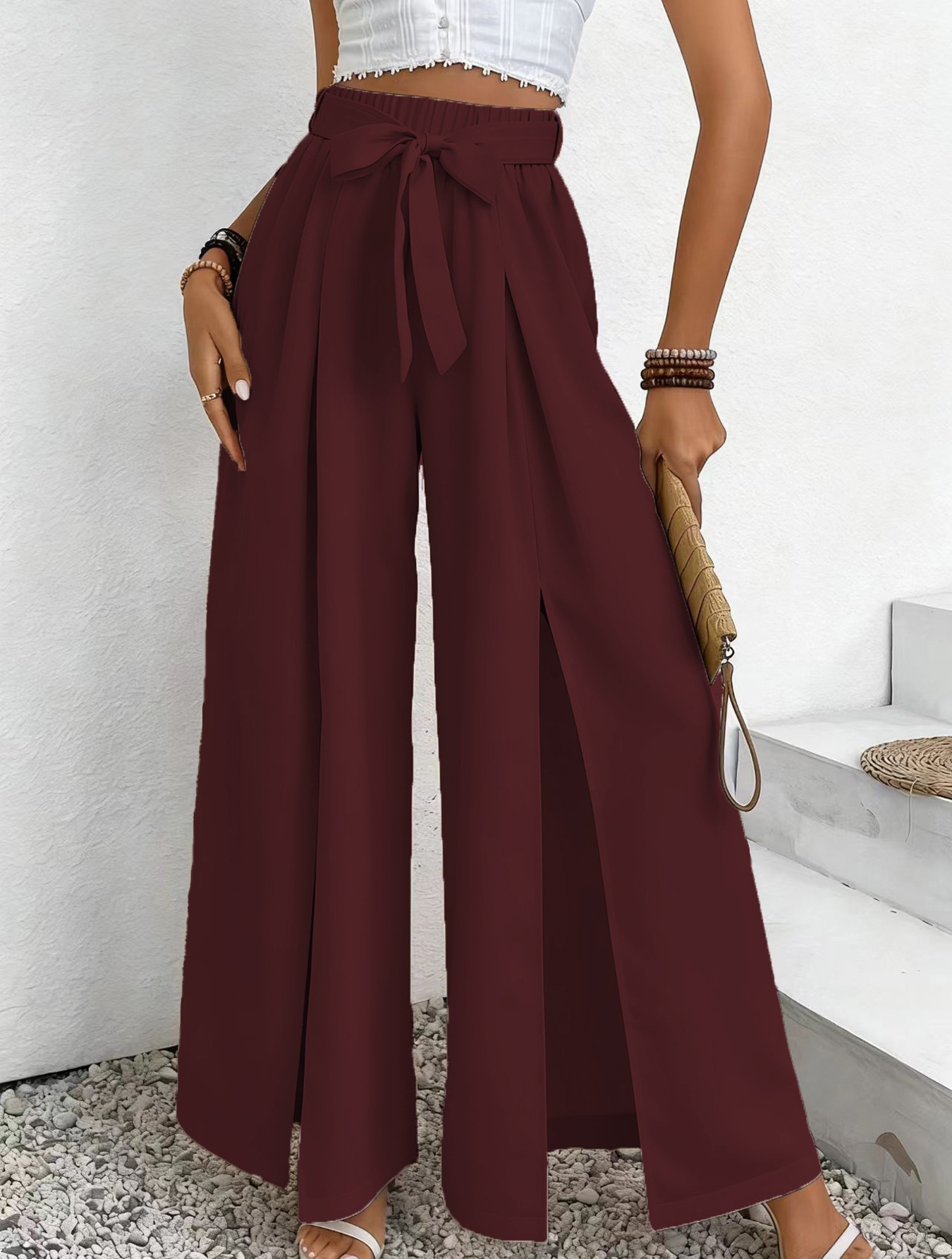 High-Waist Tie-Front Split Wide-Leg Pants with Elastic Waist