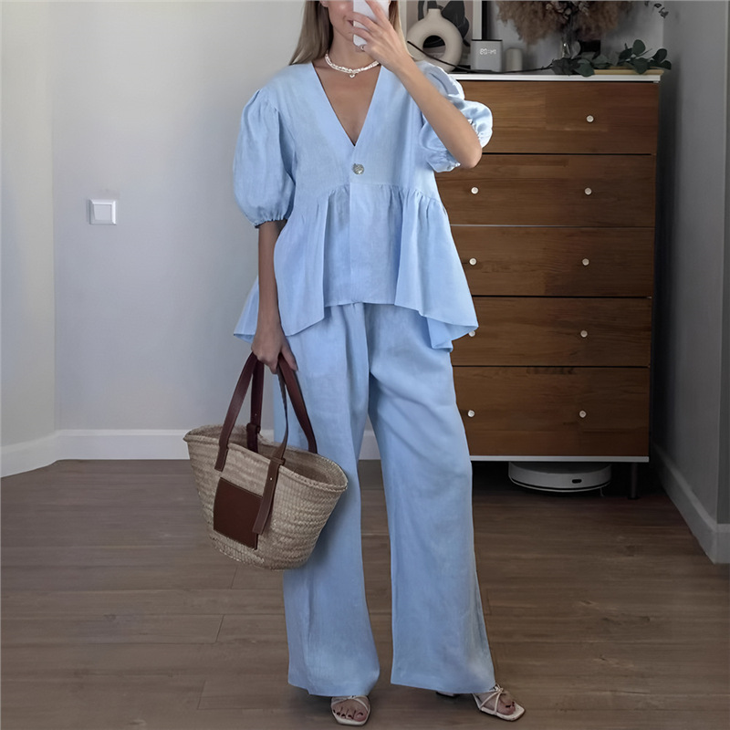 Women's Plus Size V-Neck Puff Sleeve Long Pants Set