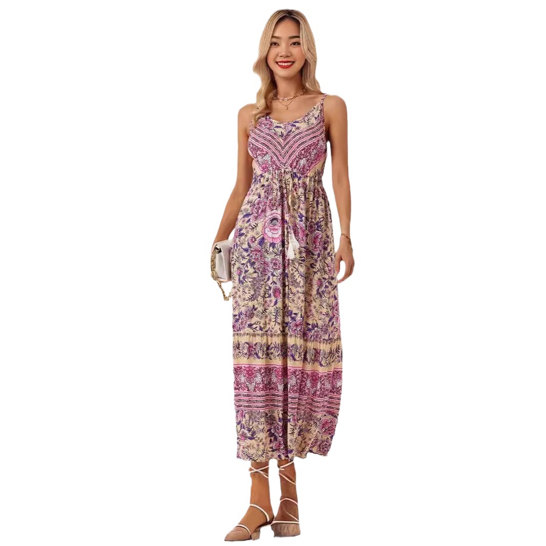 Bohemian Printed Sleeveless V-Neck A-Line Maxi Dress with Tassels