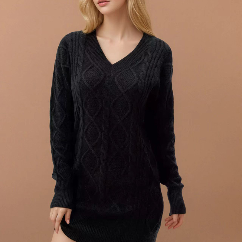 V-Neck Cable-Knit Midi Sweater Dress Solid Color