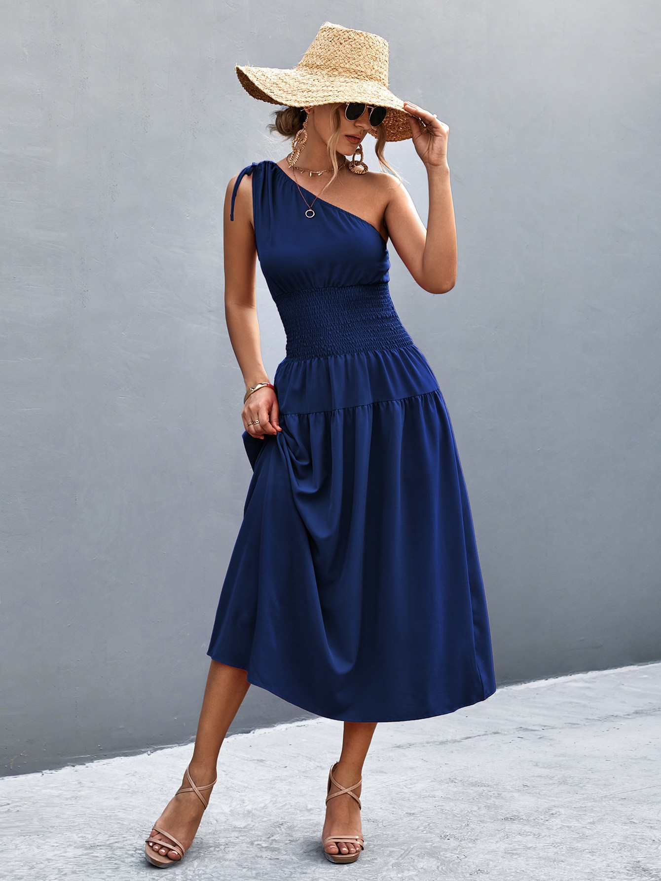 Summer Sleeveless One-Shoulder Tie-Waist Flowy Dress