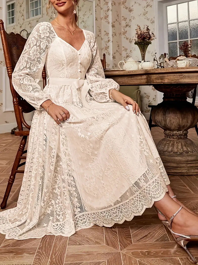 Elegant Vintage Lace V-Neck Long Sleeve A-Line Maxi Dress