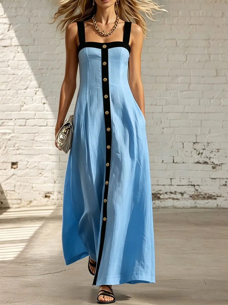 Women's Color-Block Black-Trim Square-Neck Button-Front Sleeveless Maxi Dress