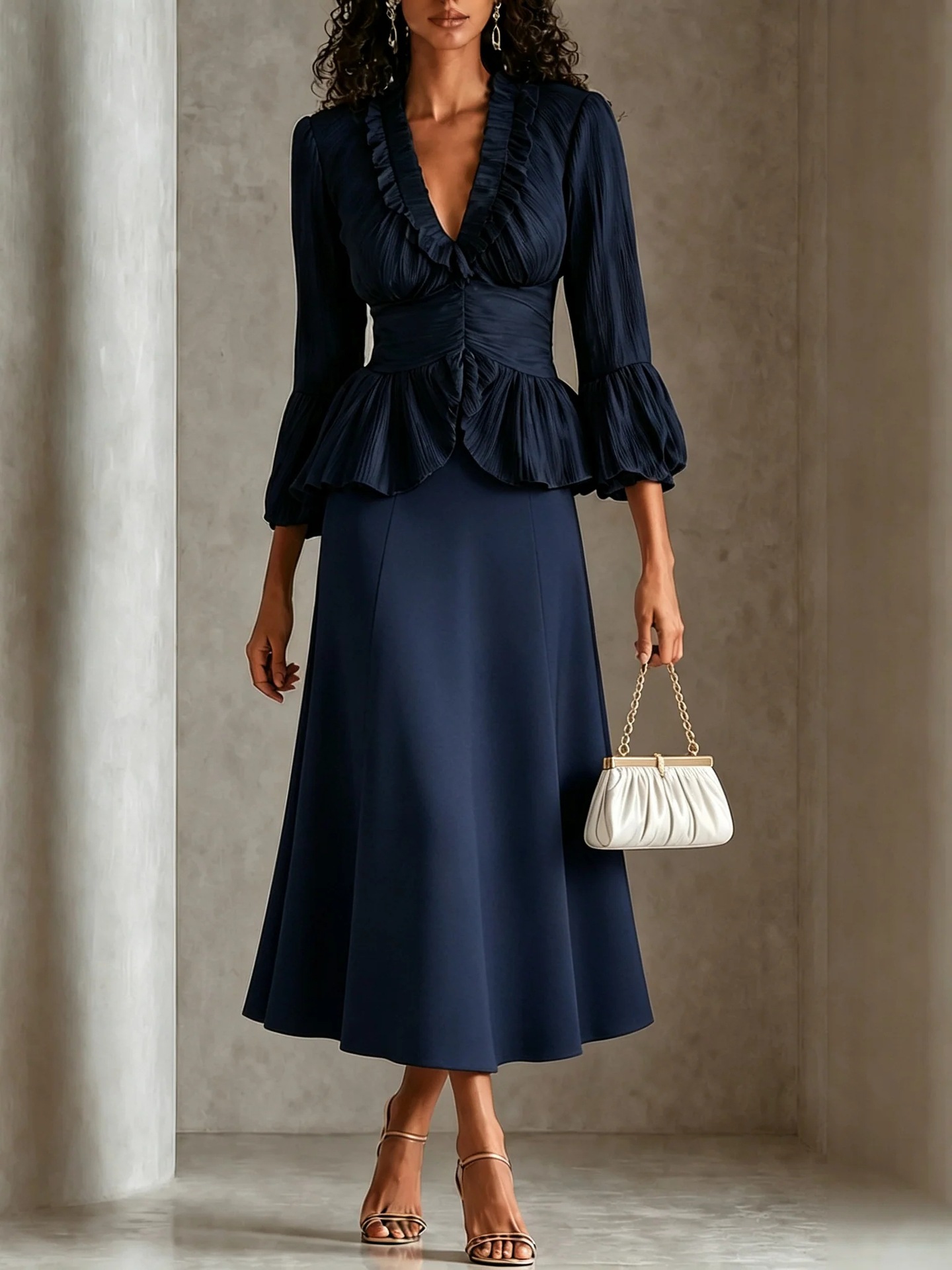 French Navy V-Neck Ruffle Waist Midi Dress