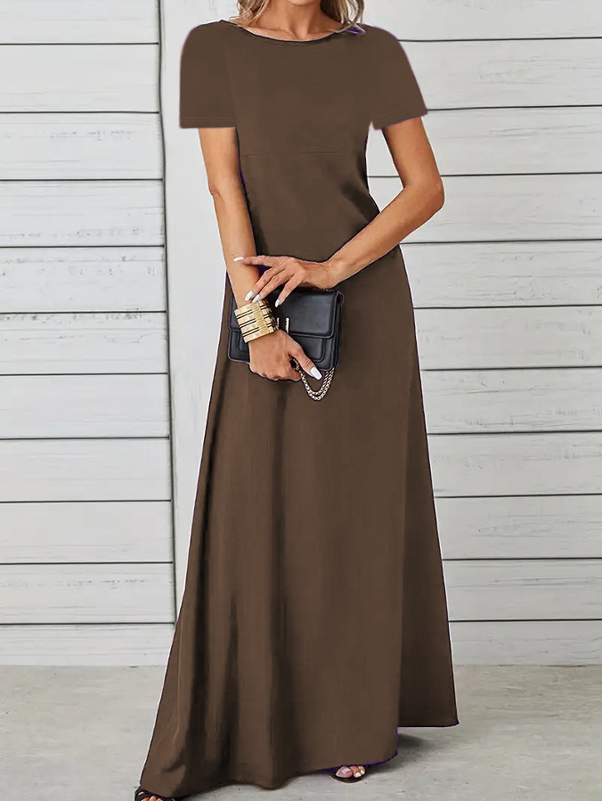 Women's Slim Fit Soft Crew Neck Solid Short Sleeve A-Line Dress