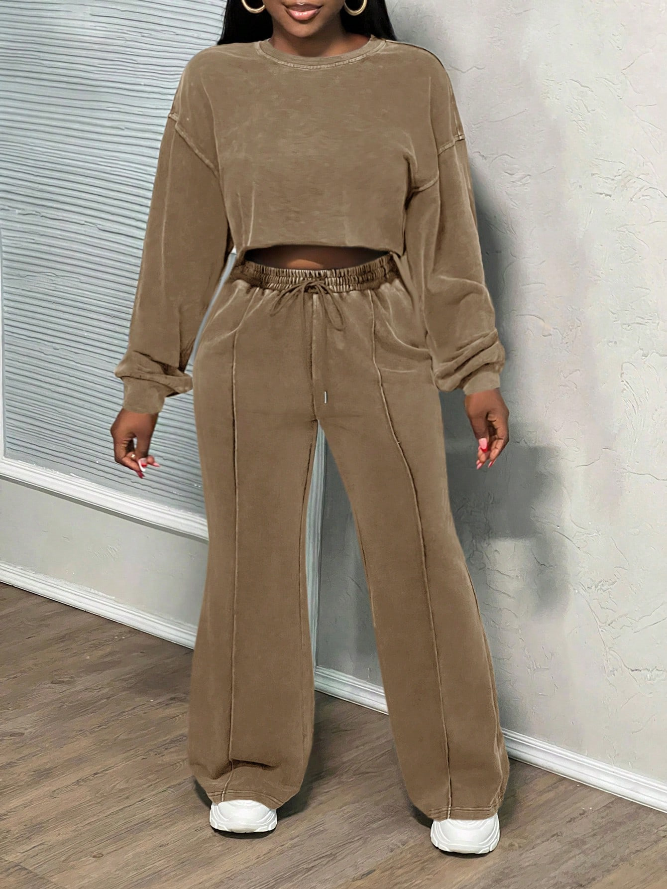 Women's Long-Sleeve Washed Zip-Up Sweatsuit Set