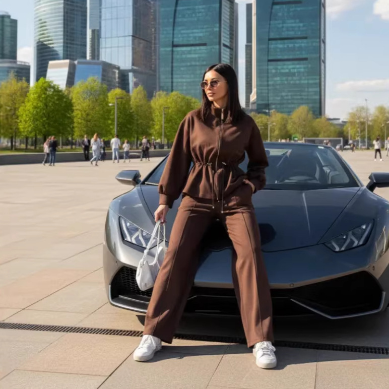 Women's Solid Zip-Up Cardigan and Straight-Leg Pants Two-Piece Set