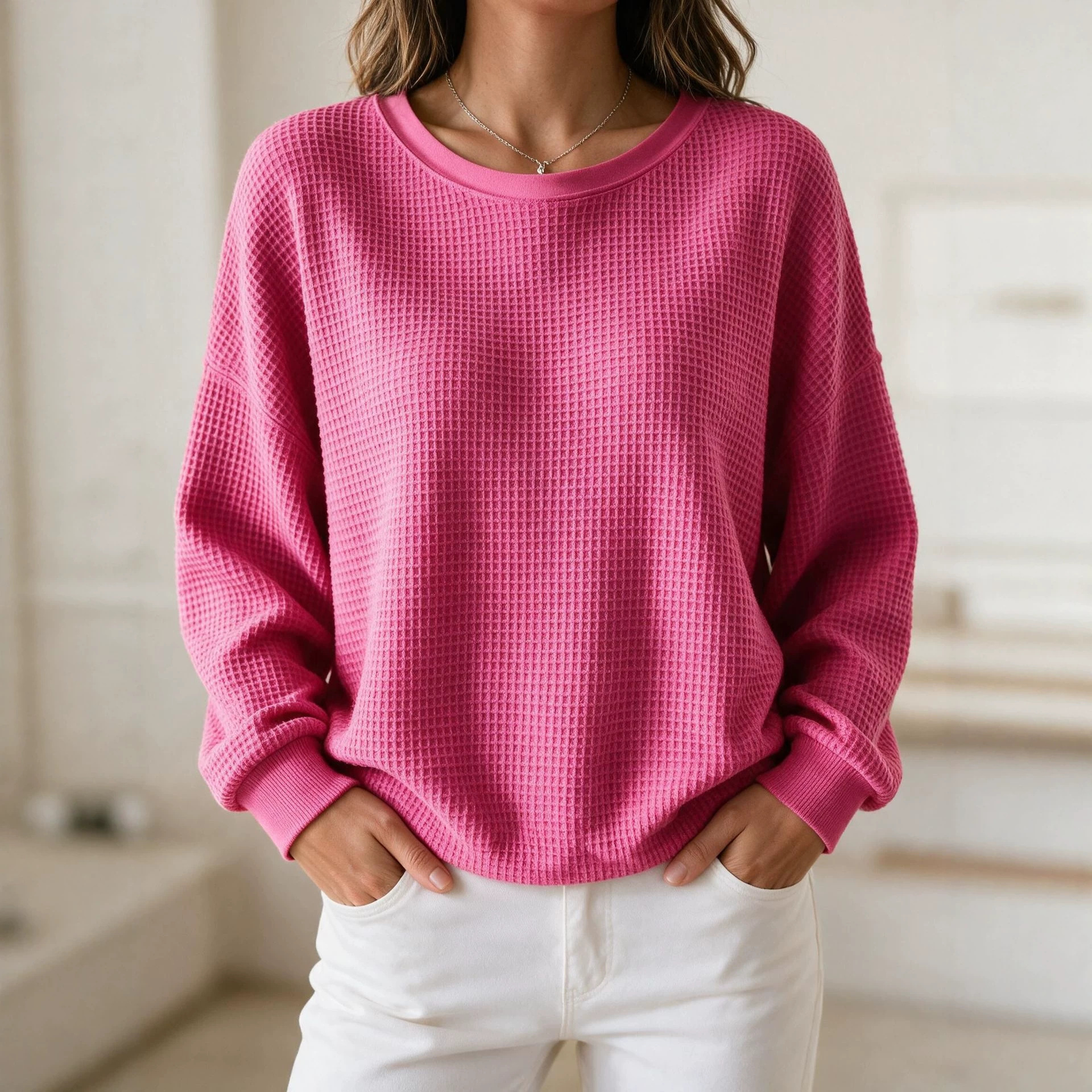 Women's Waffle Knit Crewneck Pullover Sweatshirt