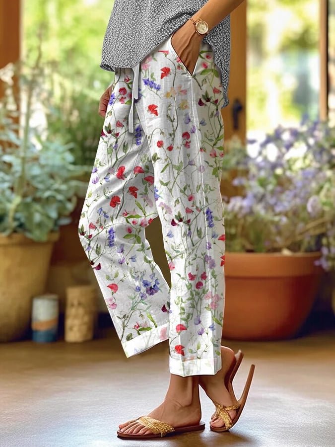 Women's Polka Dot Floral Print Straight-Leg Casual Pants