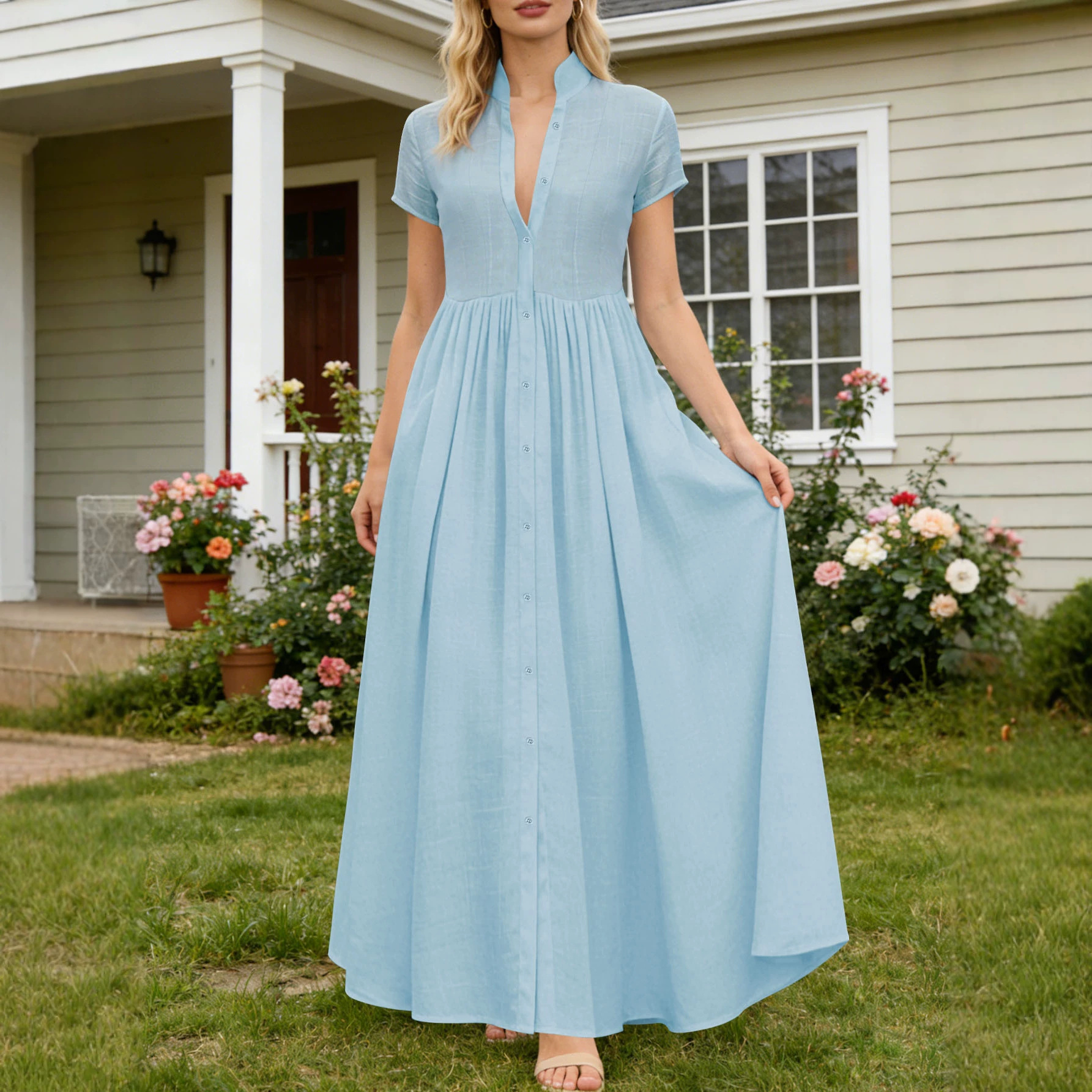 Elegant Stand Collar High Waist Pleated Flowy Maxi Dress