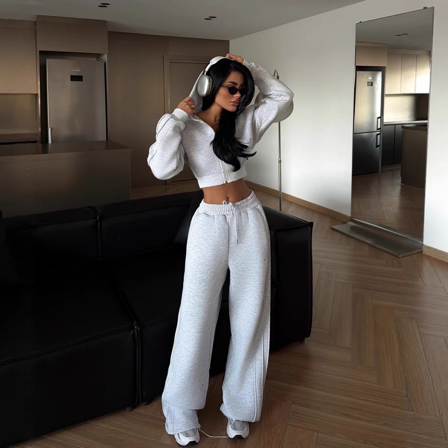 Cropped Zip-Up Hoodie and Wide-Leg Sweatpants Two-Piece Set
