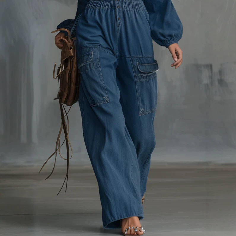 Off-Shoulder Ruched Lantern Sleeve Belted Denim Jumpsuit