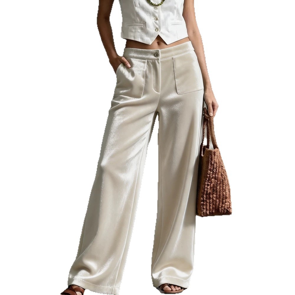 Women's Solid Velvet Button Wide-Leg Pants with Pockets