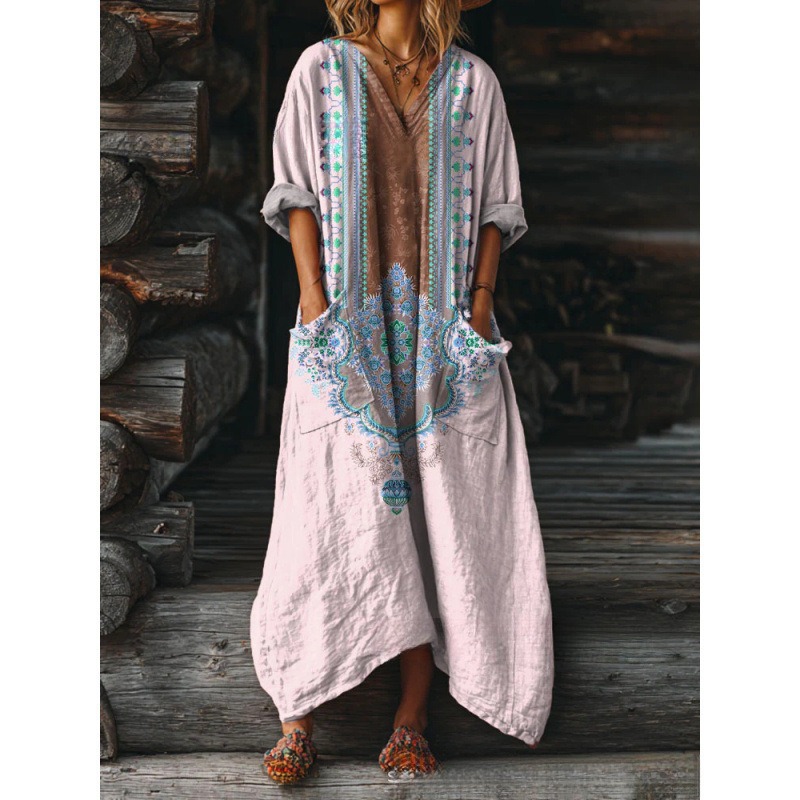 Women's Floral Ripple Print V-Neck A-Line Midi Dress Long Sleeve