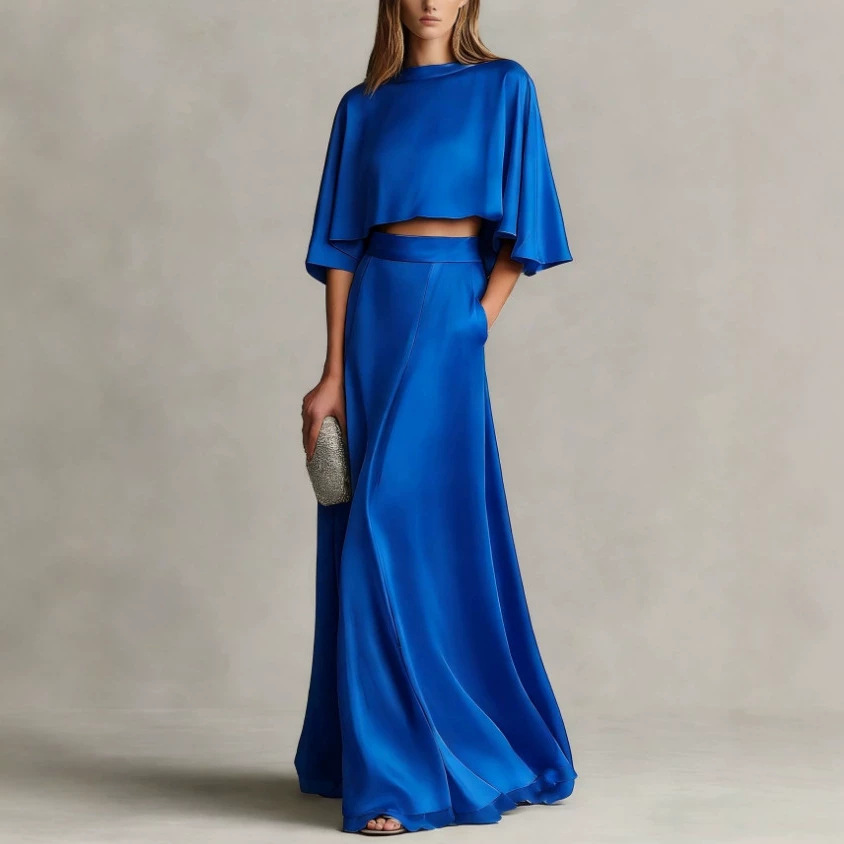 Women's Satin Cape-Sleeve Long Dress Set Elegant Luxury Style