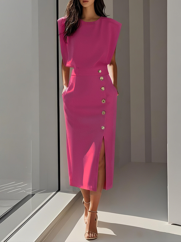 Women's Round Neck Cinched Waist Slit Metal Button Midi Dress