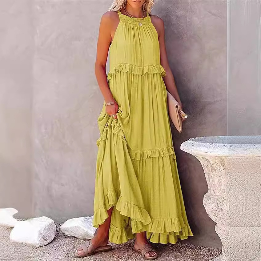 Ruffled Long Vacation Dress with Flowy Maxi Skirt